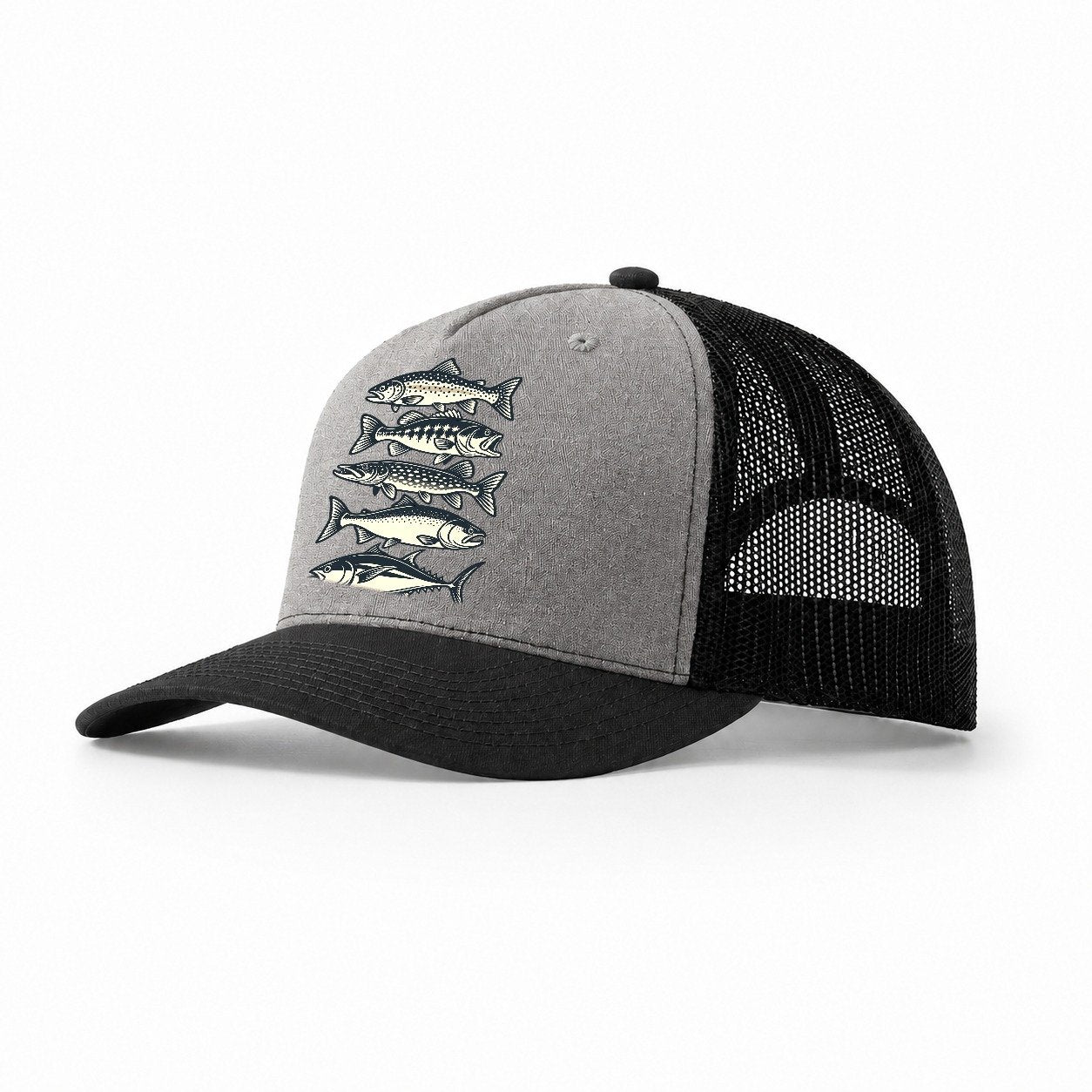 Fish School Stack Fishing Elegant Trucker Hat – Grey Black