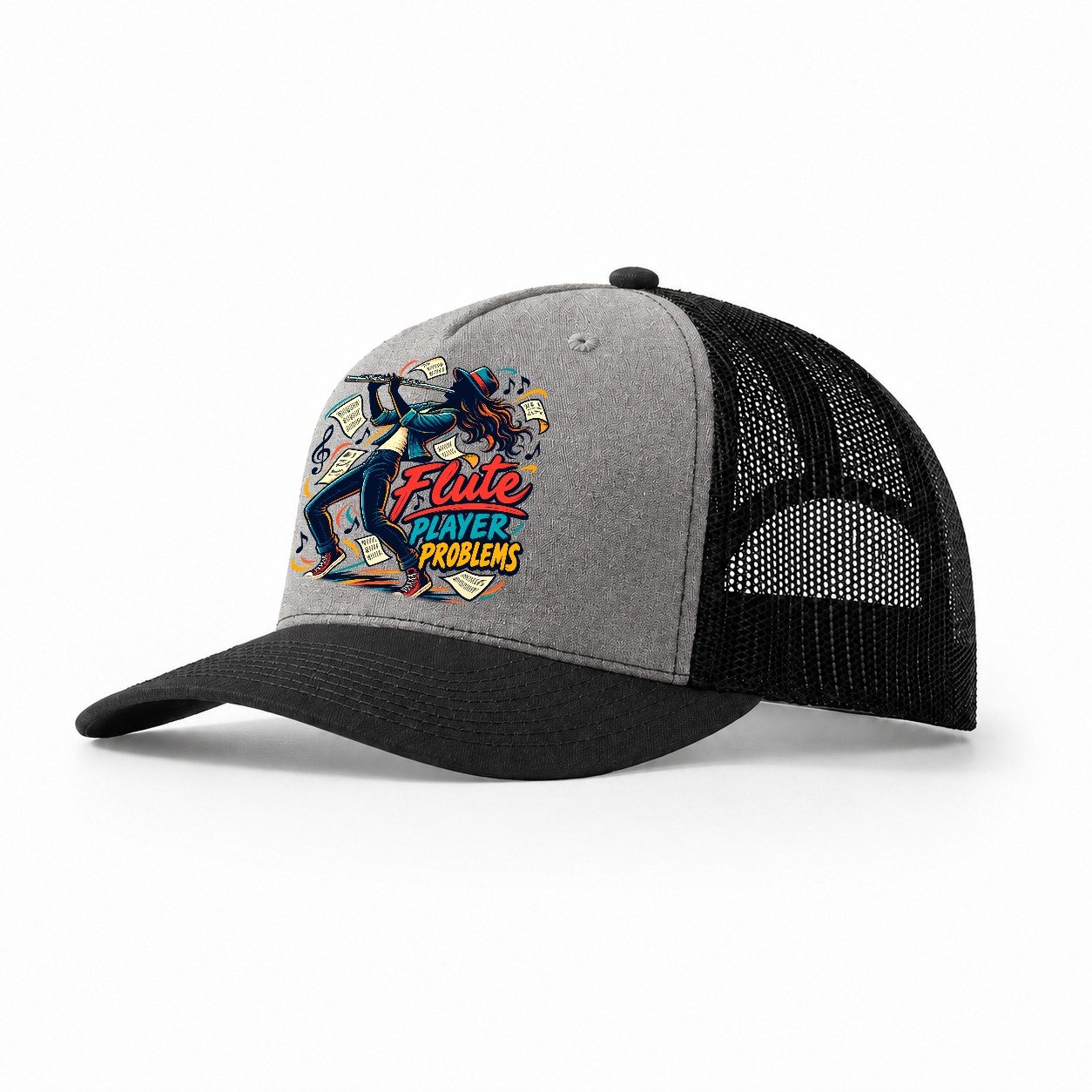 Flute Player Problems Music Instruments Trucker Hat – Grey Black
