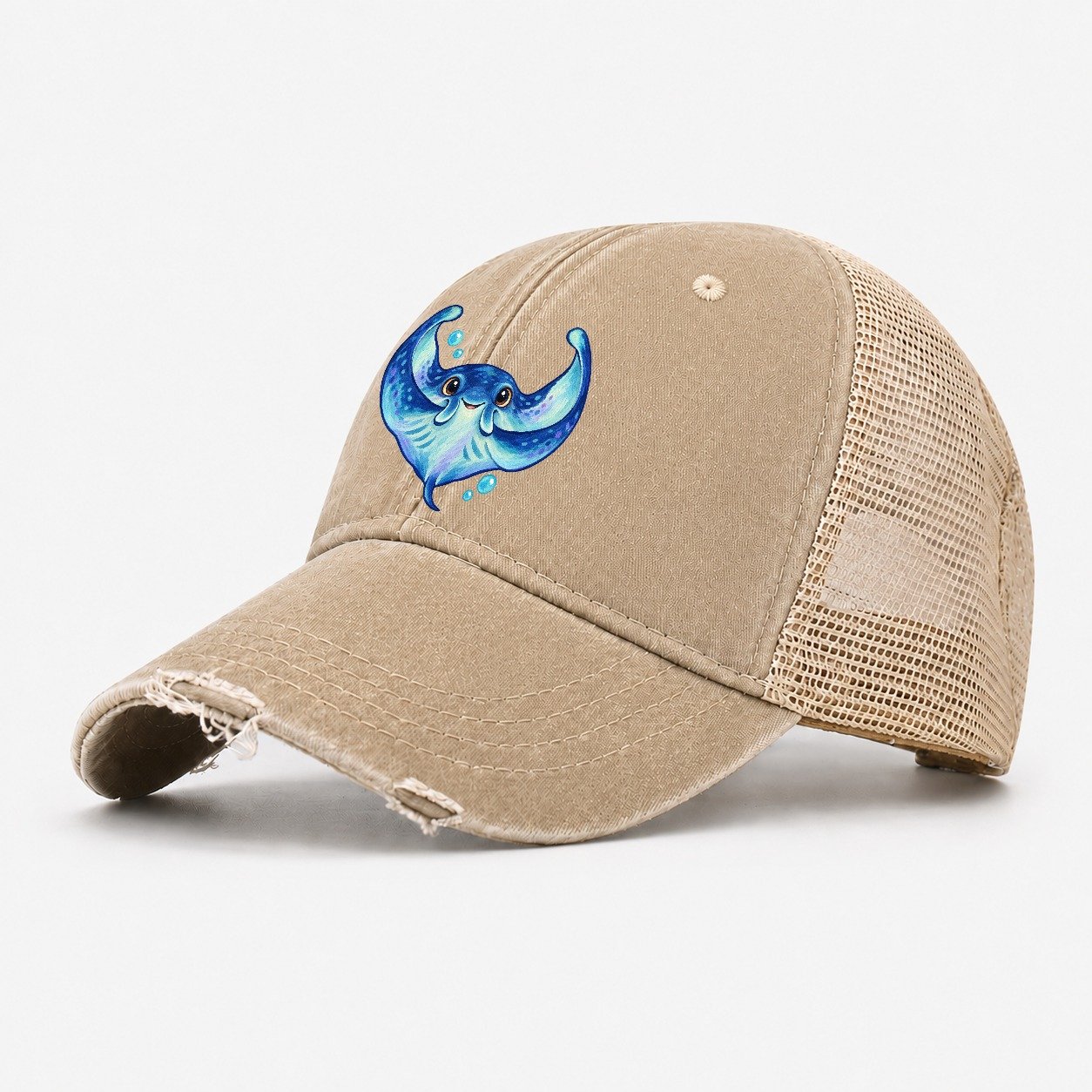 Manta Ray Wing Hug Sea Sprite Washed Trucker Hat – Khaki