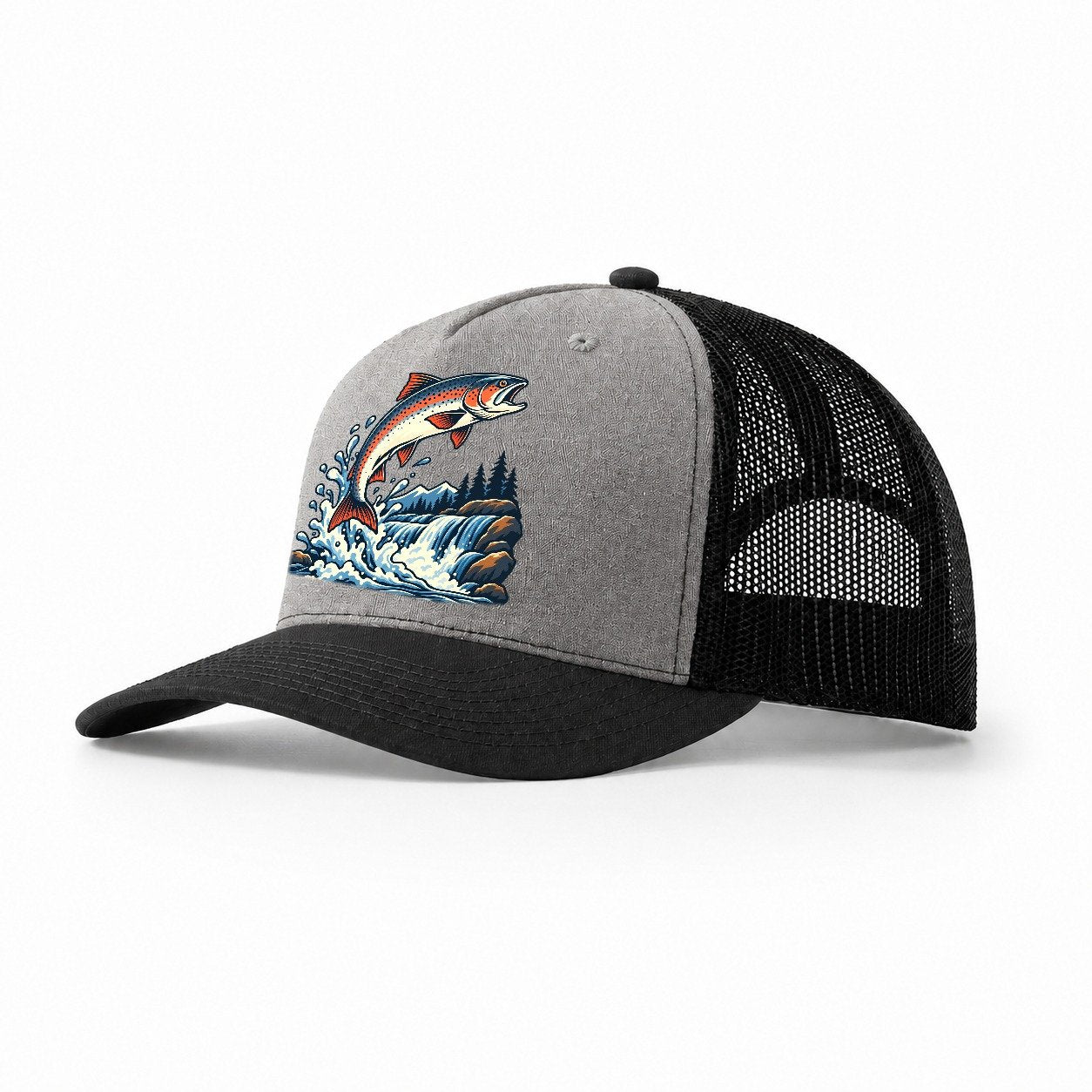 Salmon Leap Arc Fishing Elegant Trucker Hat – Grey Black