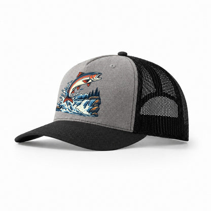 Salmon Leap Arc Fishing Elegant Trucker Hat – Grey Black
