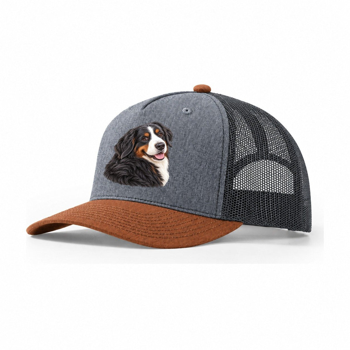 Bernese Over Shoulder Welcome Pastimes Companions Trucker Hat – Heather Grey Rust Charcoal