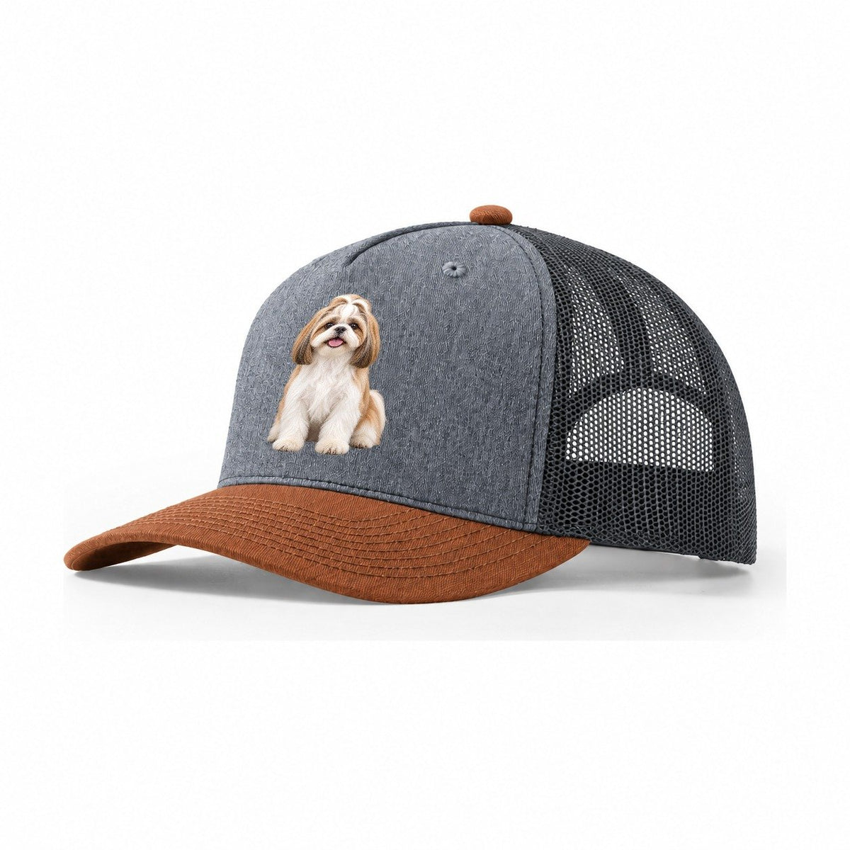 Shih Tzu Sitting Upright Top Breeds Trucker Hat – Heather Grey Rust Charcoal