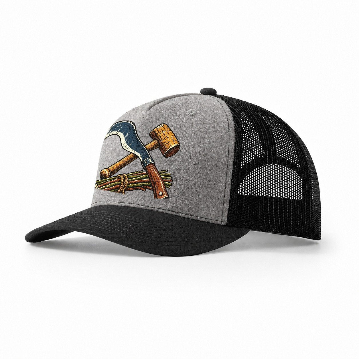 Hedgelayer Billhook Mallet And Hazel Rods Uk Culture Heritage Trucker Hat – Grey Black