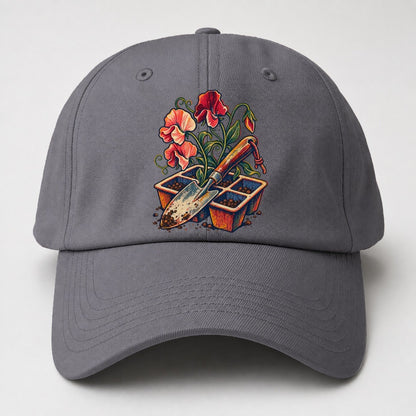 Garden Trowel Seed Tray And Sweet Peas Uk Culture Heritage Baseball Cap – Grey