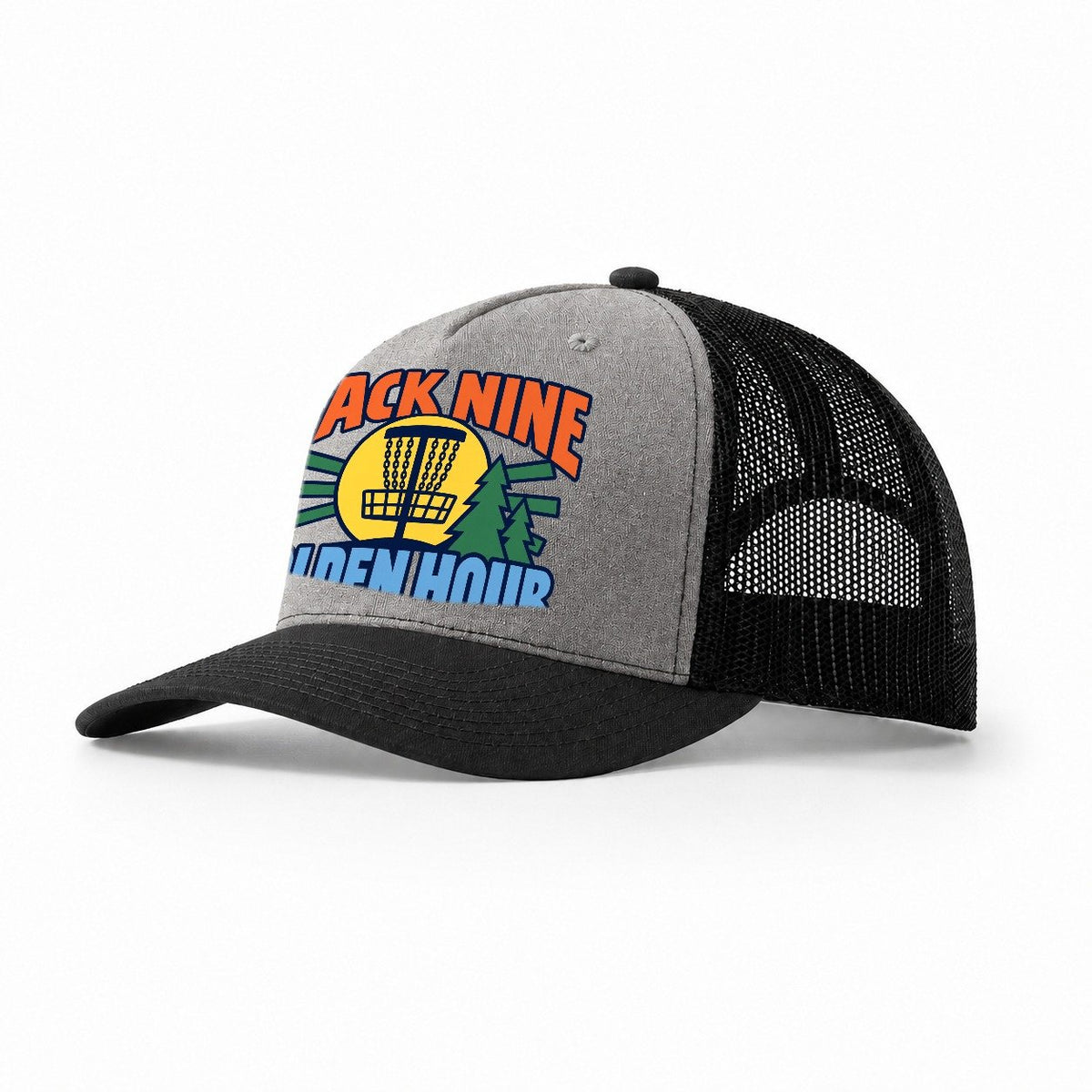 Back Nine Golden Hour Disc Golf Trucker Hat – Grey Black