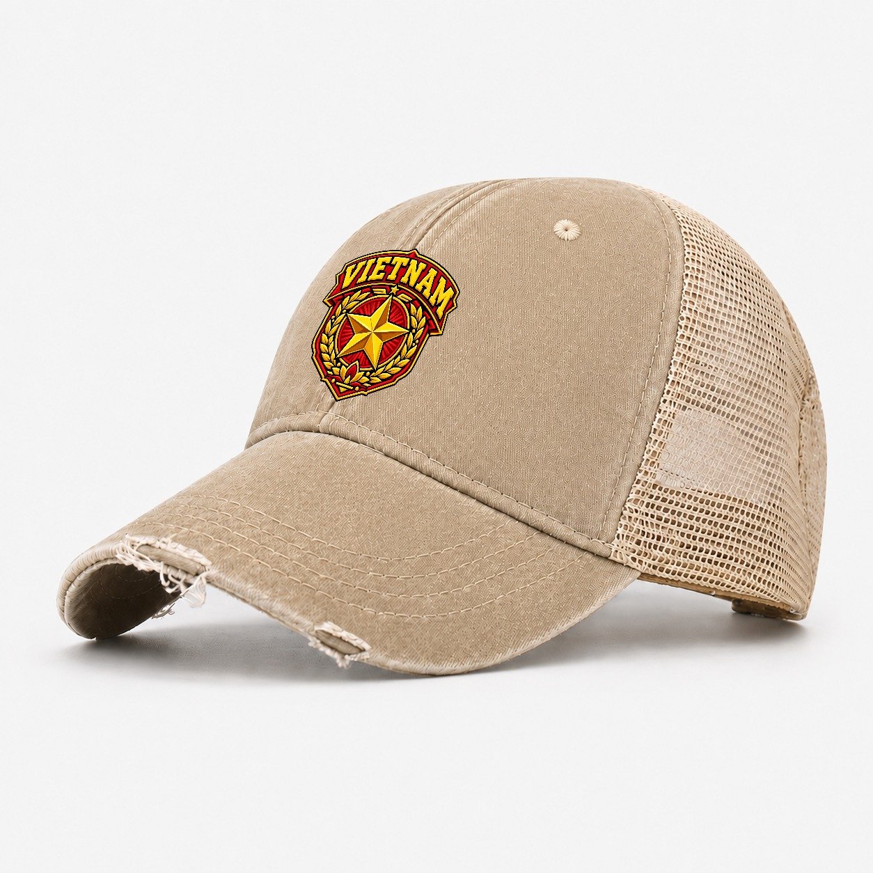 Vietnam Retro Badge Country Logos Washed Trucker Hat – Khaki