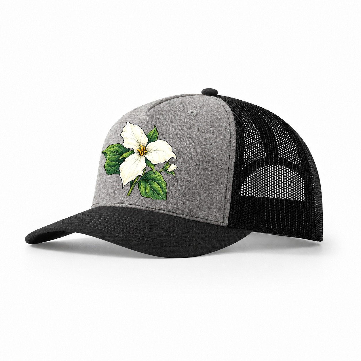 Ontario White Trillium Bloom Canada Cultural Icons Trucker Hat – Grey Black