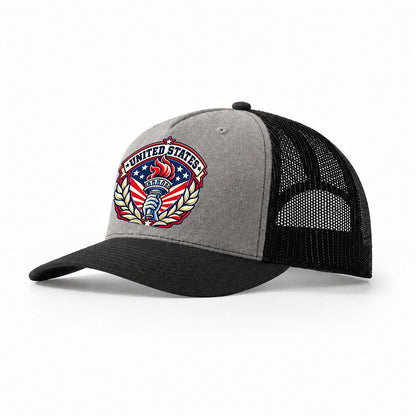 United States Retro Badge Country Logos Trucker Hat – Grey Black