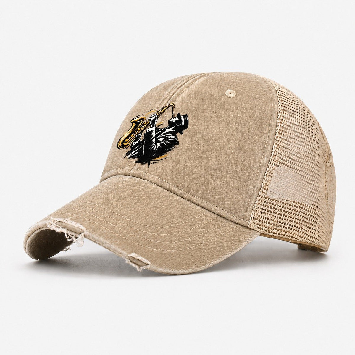 Expressive Ink Jazz Saxophonist Washed Trucker Hat – Khaki