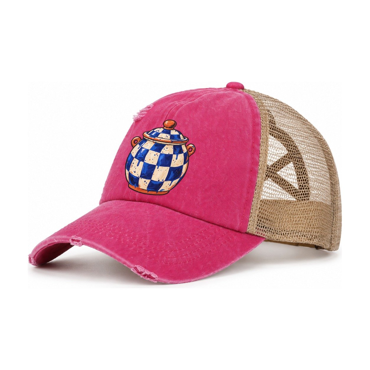 Checker Glaze Jar Clay Color Makers Women's Ponytail Trucker Hat – Raspberry Khaki