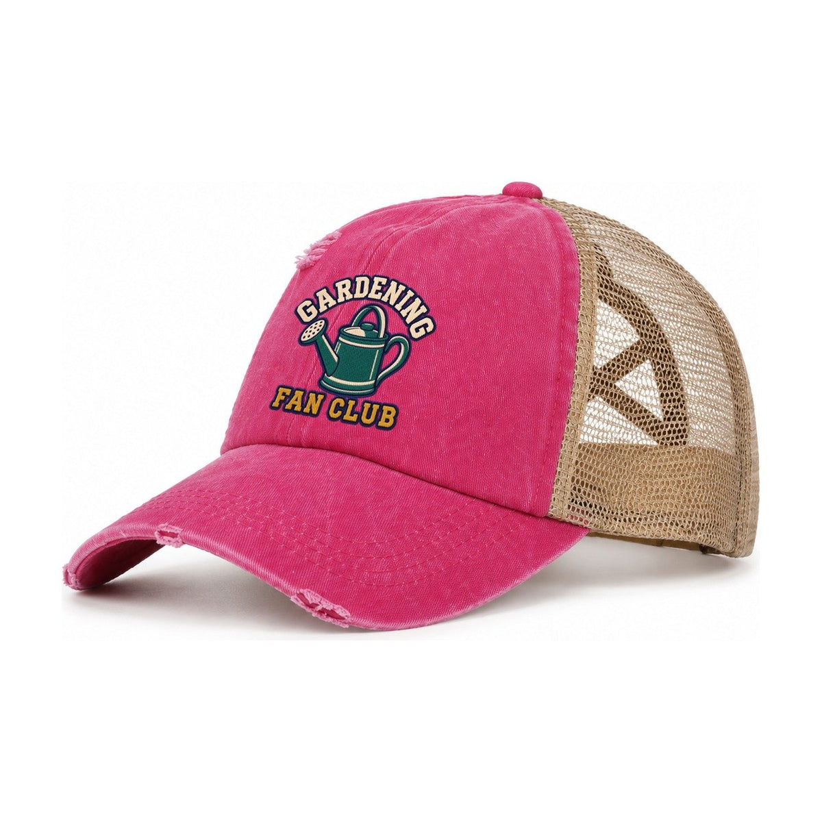 Gardening Fan Club Women's Ponytail Trucker Hat – Raspberry Khaki