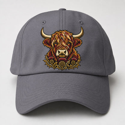 Highland Cow With Thistle Meadow Uk Culture Heritage Baseball Cap – Grey