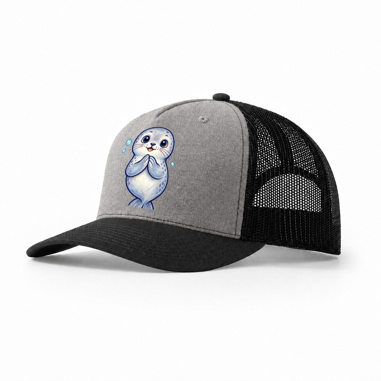 Seal Front Clap Sea Sprite Trucker Hat – Grey Black