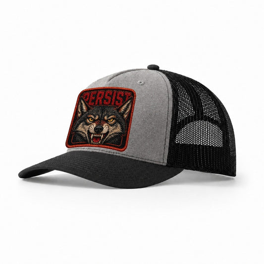 Coyote Persist Badge Trucker Hat – Grey Black