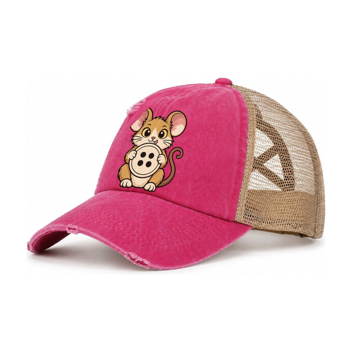 The Sewing Room Mouse Sewing And Quilting Women's Ponytail Trucker Hat – Raspberry Khaki