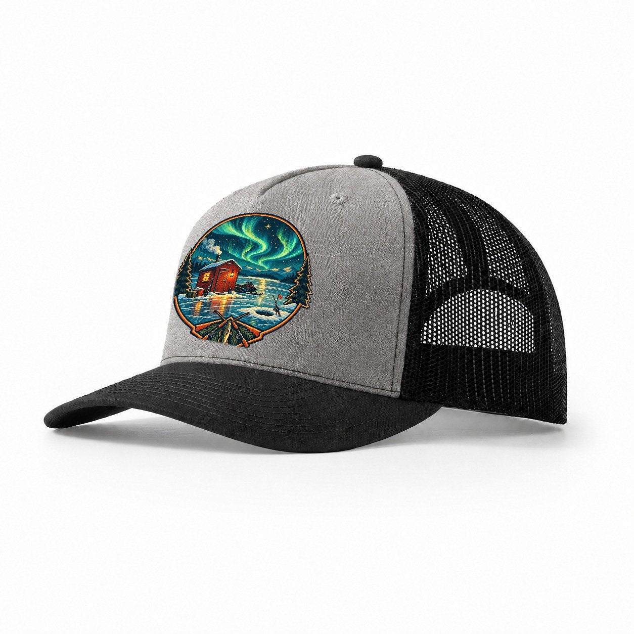 Northern Ice Shack Night Fishing Club Trucker Hat – Grey Black