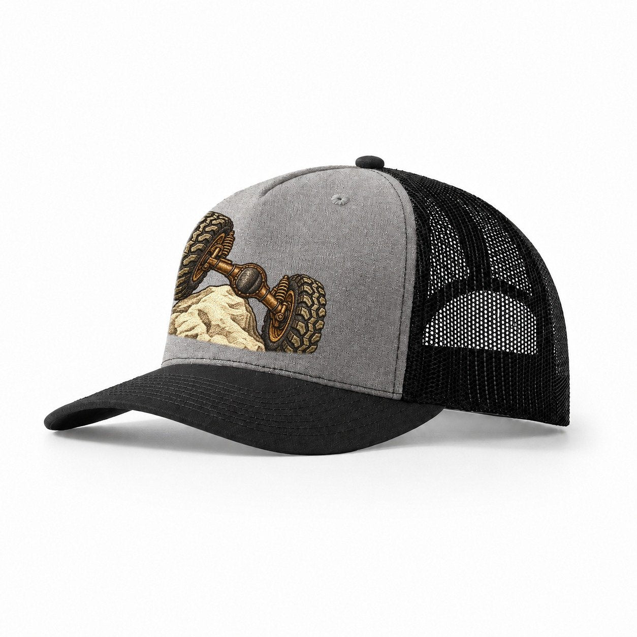 Articulated Axle Over A Rock Off Roading And Overlanding Trucker Hat – Grey Black