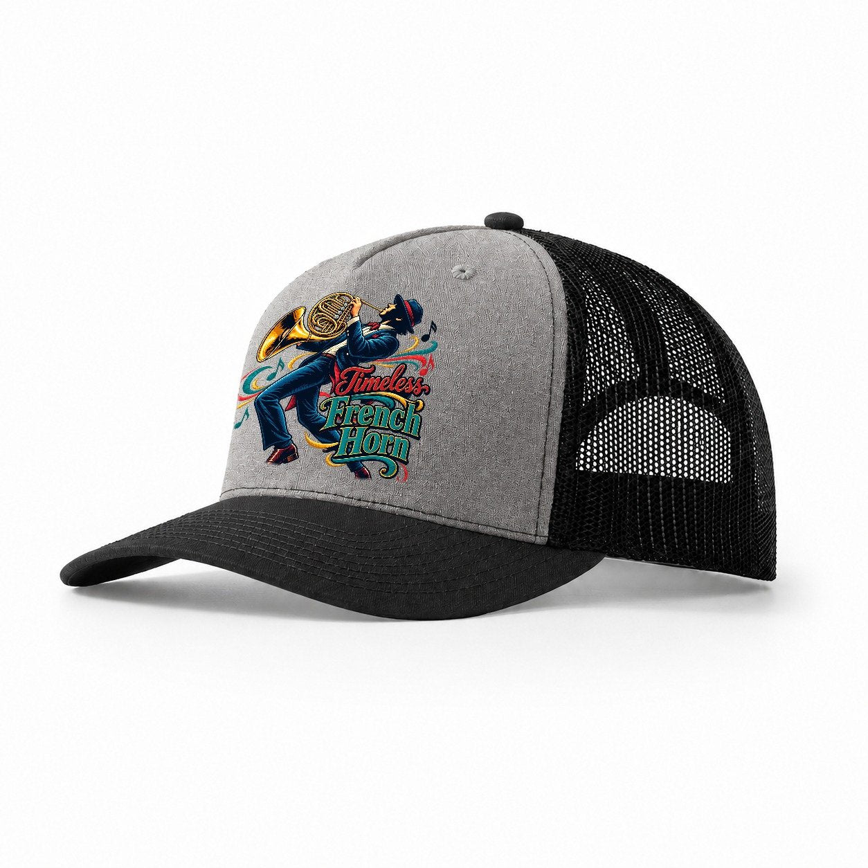 Timeless French Horn Music Instruments Trucker Hat – Grey Black