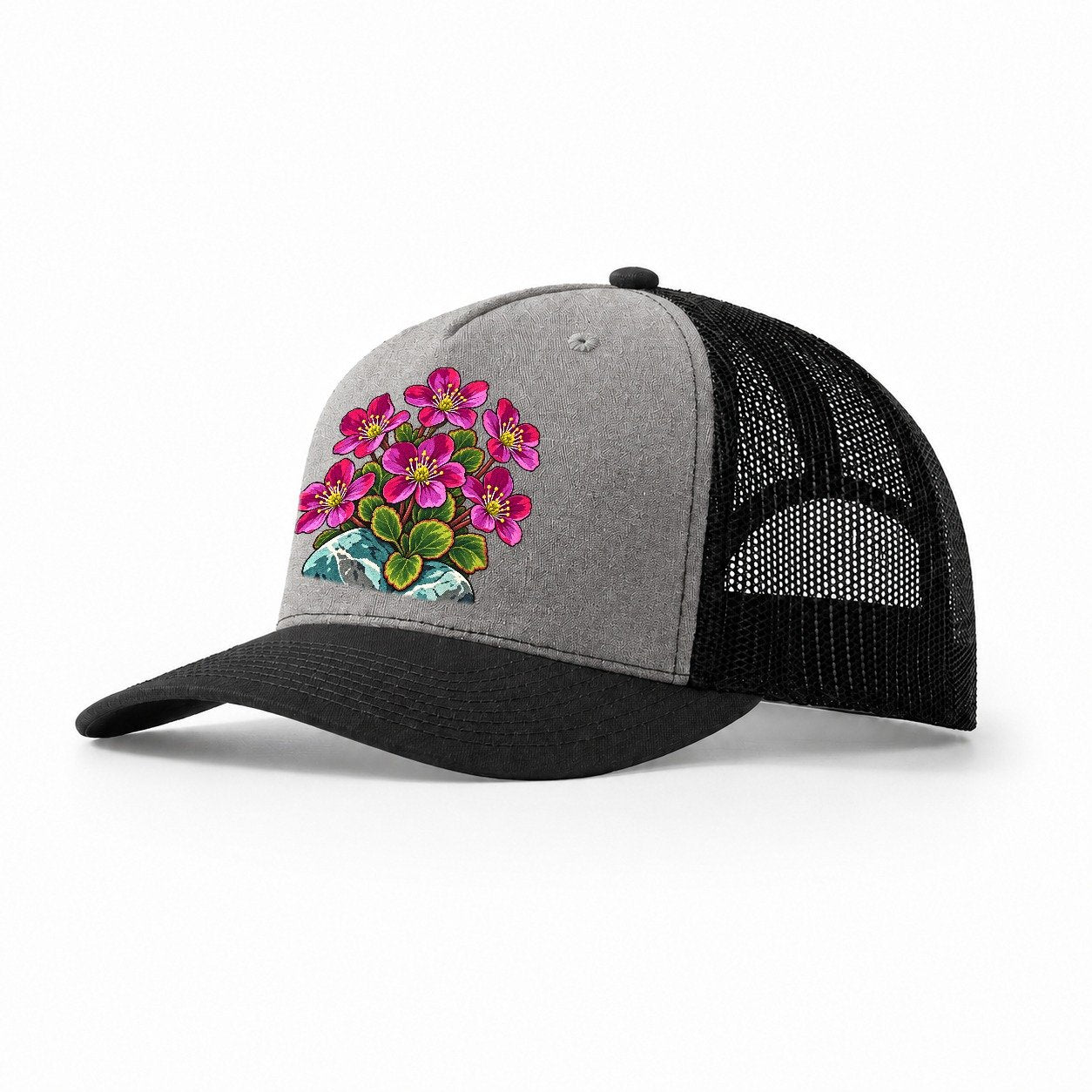 Nunavut Purple Saxifrage Canada Cultural Icons Trucker Hat – Grey Black