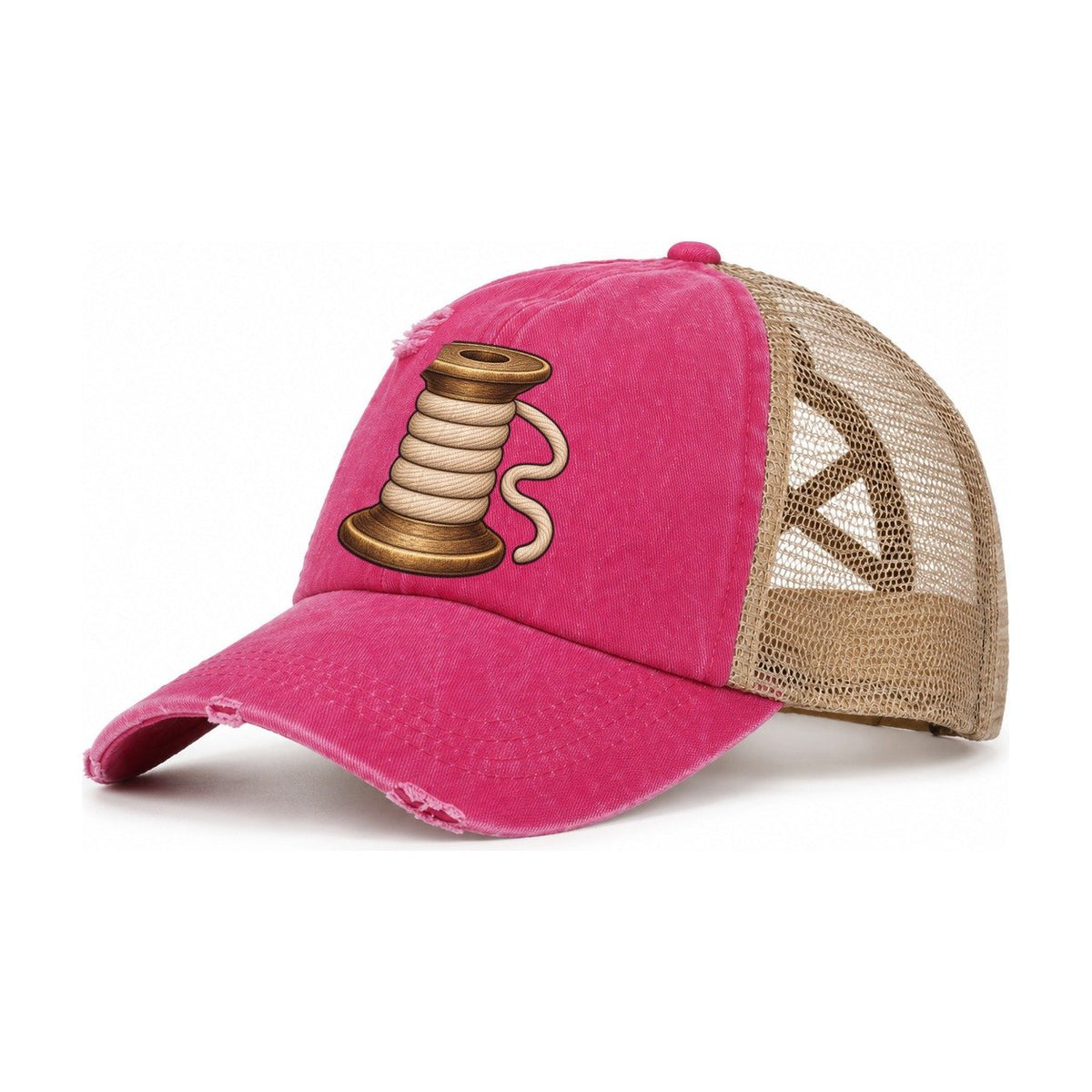 The Wooden Spool Sewing And Quilting Women's Ponytail Trucker Hat – Raspberry Khaki