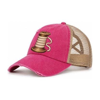The Wooden Spool Sewing And Quilting Women's Ponytail Trucker Hat – Raspberry Khaki