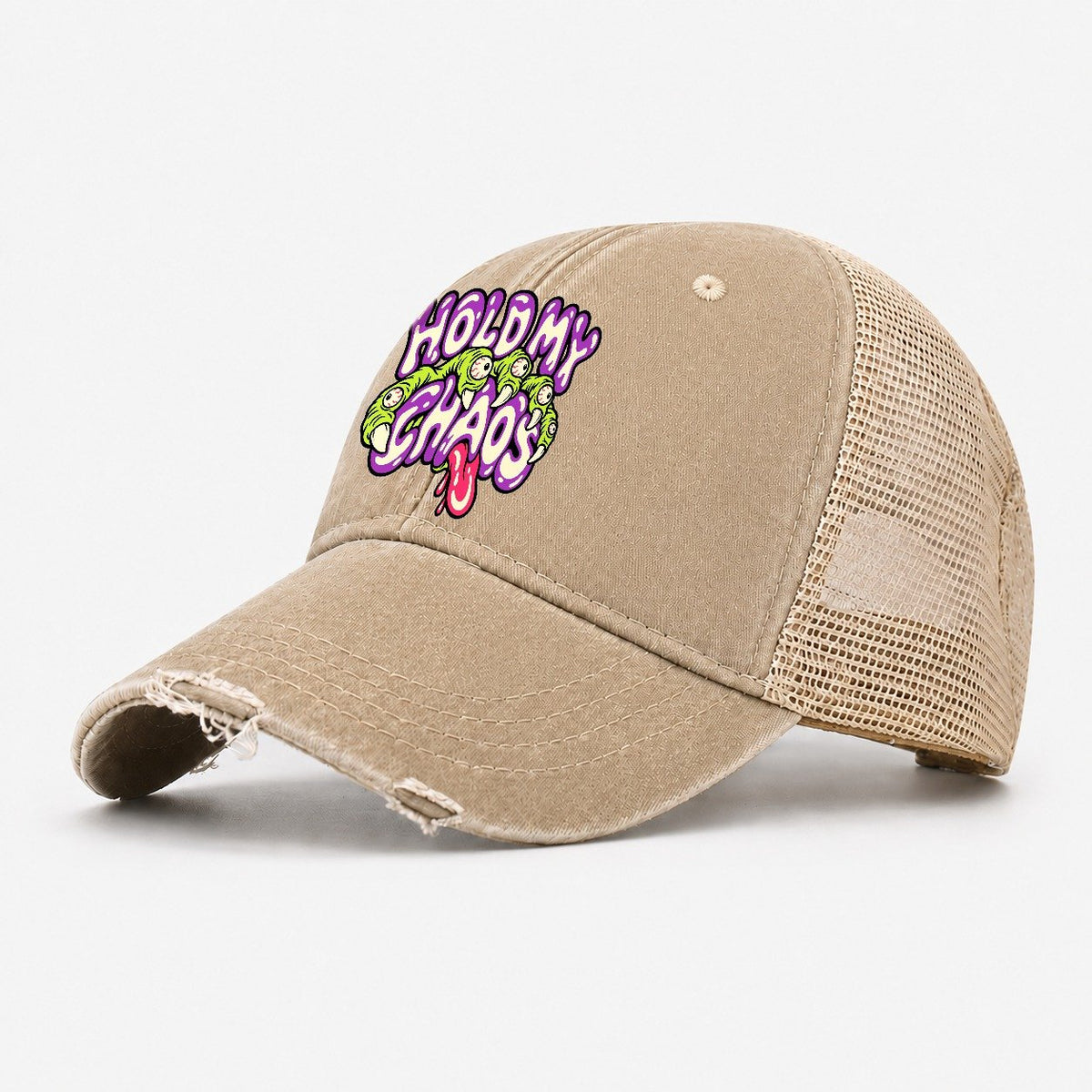 Hold My Chaos Crazy Styles Washed Trucker Hat – Khaki