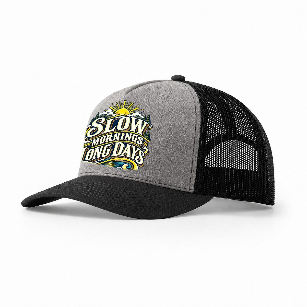 Slow Mornings Long Days Retired Living Trucker Hat – Grey Black
