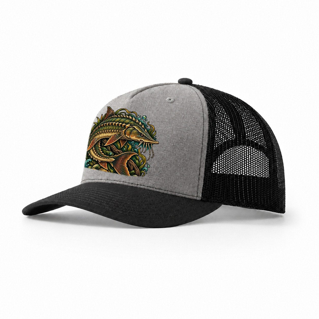 Lake Sturgeon Armor Fishing Club Trucker Hat – Grey Black