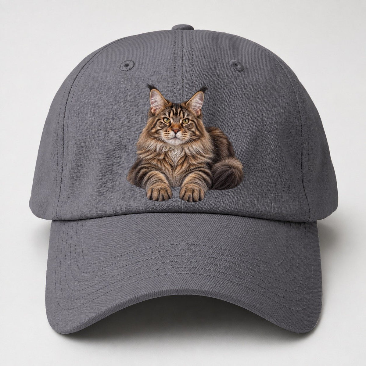 Maine Coon Reclining Paws Forward Realistic Cat Portrait Baseball Cap – Grey