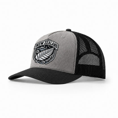New Zealand Retro Badge Country Logos Trucker Hat – Grey Black