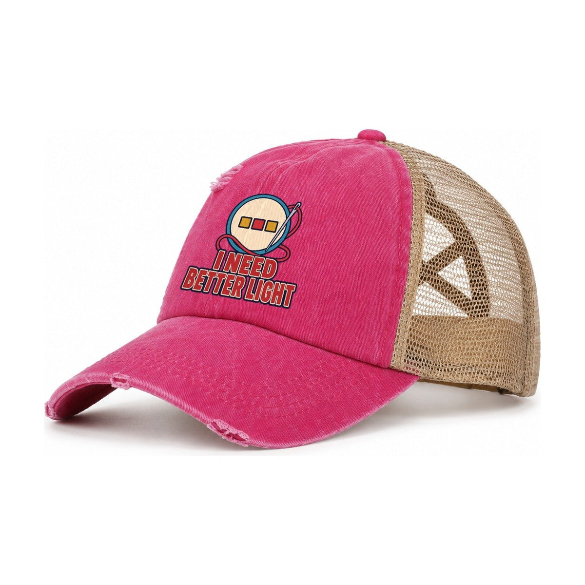 I Need Better Light And Needlework Women's Ponytail Trucker Hat – Raspberry Khaki