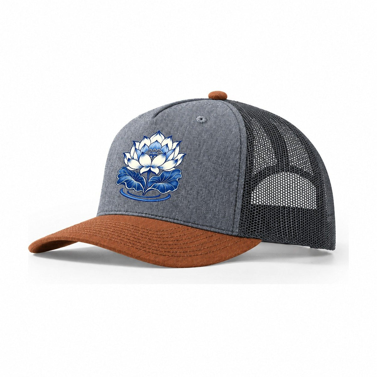 Lotus In Blue Quiet Wards Heritage Trucker Hat – Heather Grey Rust Charcoal