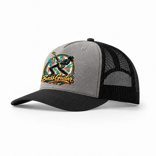 Bass Guitar Crest Music Instruments Trucker Hat – Grey Black