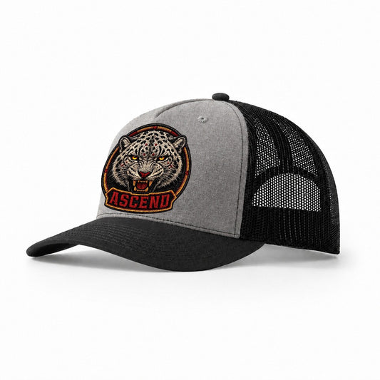 Snow Leopard Ascend Badge Trucker Hat – Grey Black