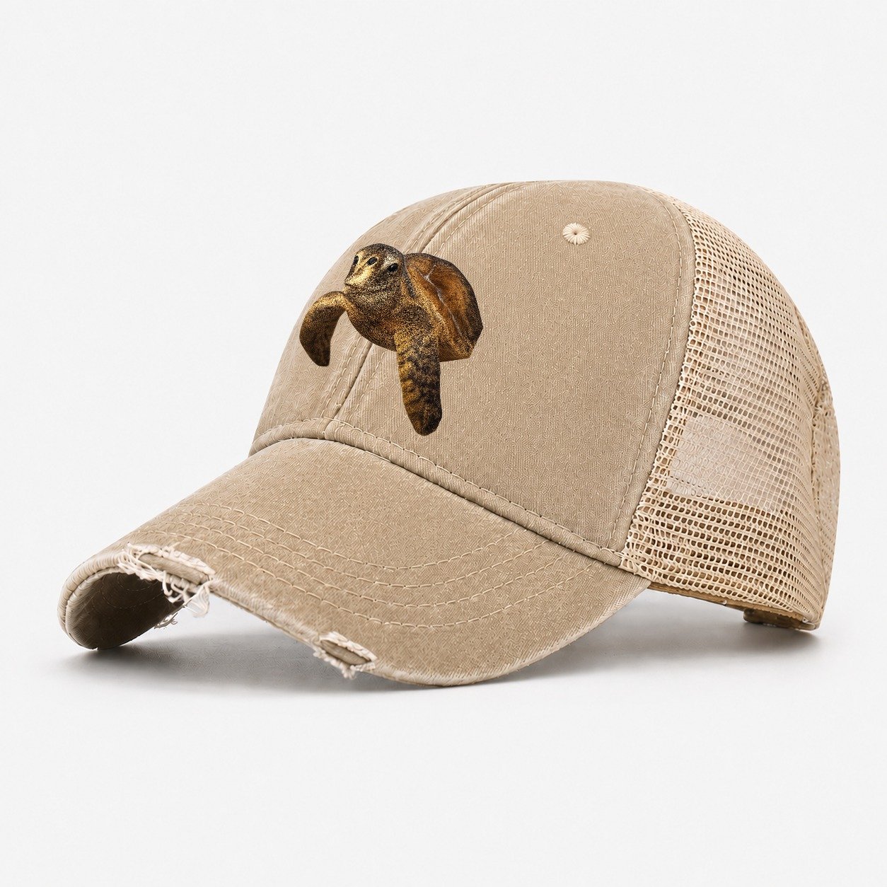 Sea Turtle Portrait Design Washed Trucker Hat – Khaki