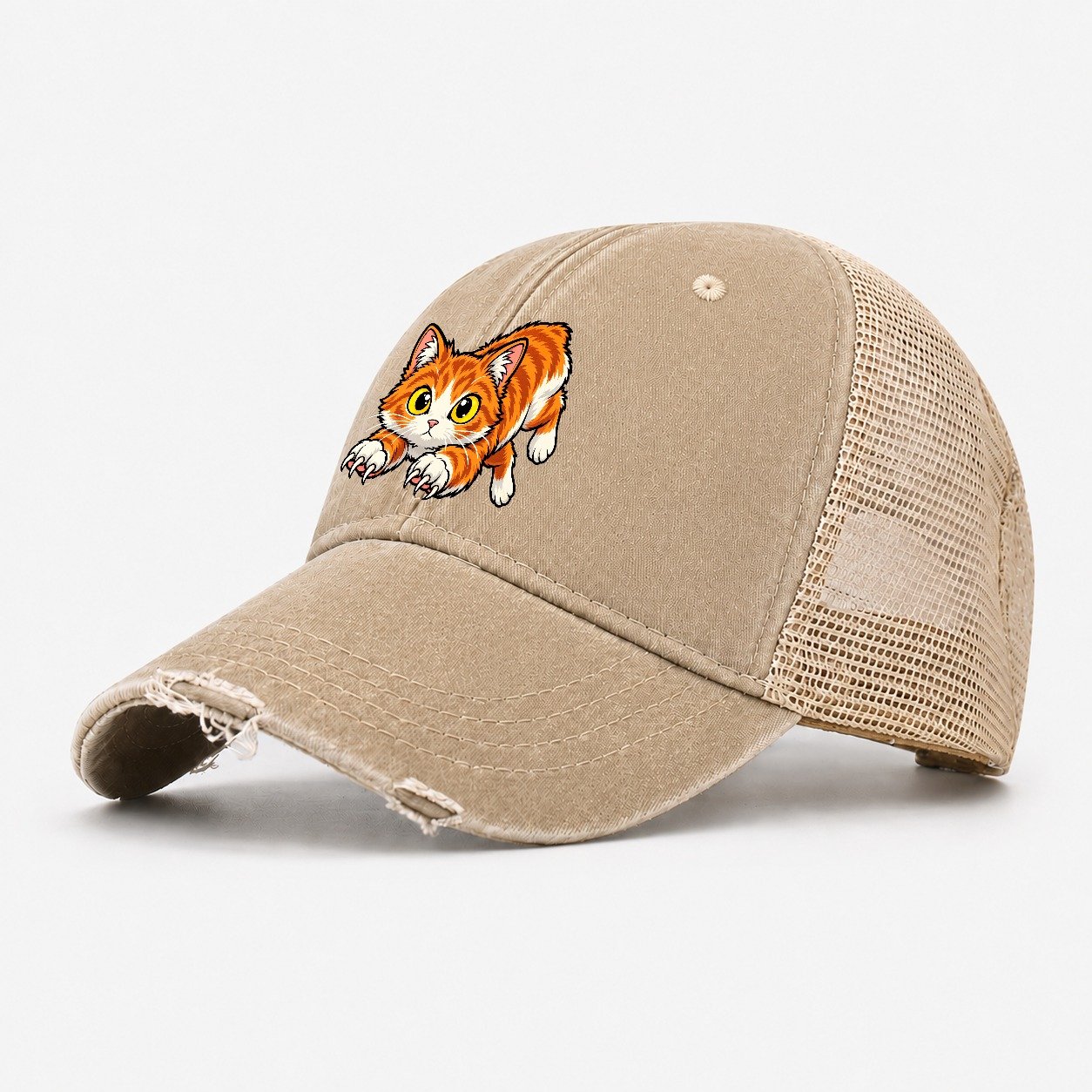 Manx Hopping Peeking Cats Washed Trucker Hat – Khaki