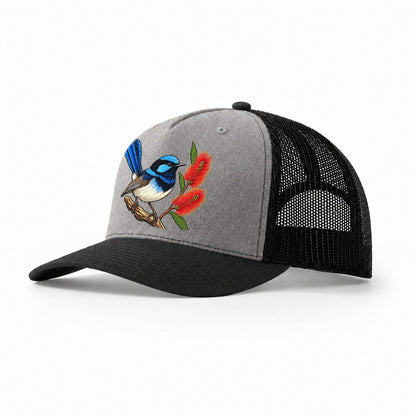 Superb Fairywren And Bottlebrush Australia Cultural Icons Trucker Hat – Grey Black