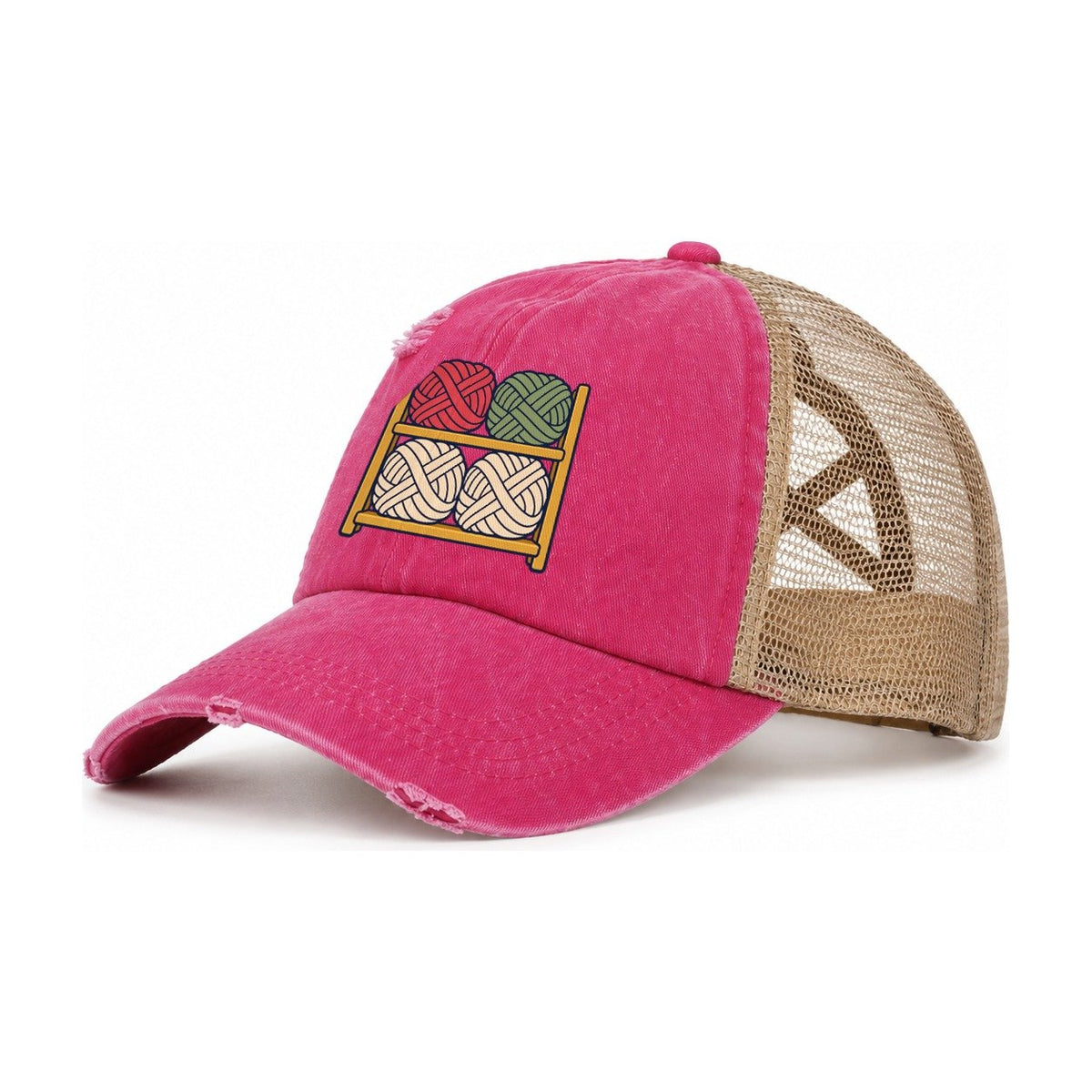 Yarn Stash Shelves Yarn Crafts Women's Ponytail Trucker Hat – Raspberry Khaki