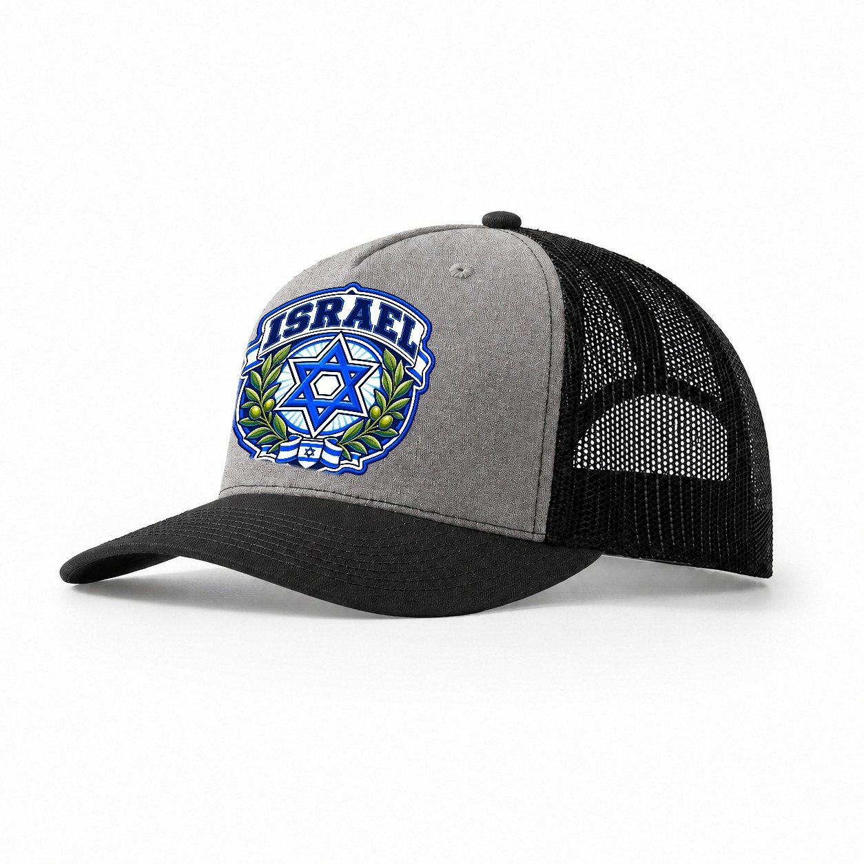 Israel Retro Badge Country Logos Trucker Hat – Grey Black