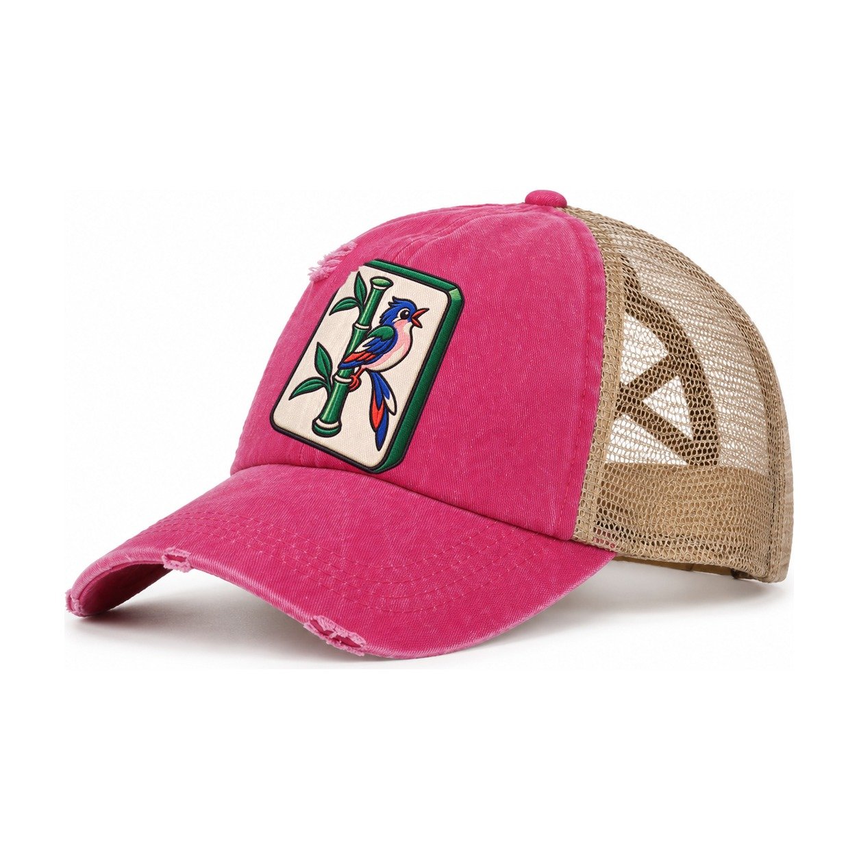 Bamboo Songbird Mahjong Game Night Women's Ponytail Trucker Hat – Raspberry Khaki