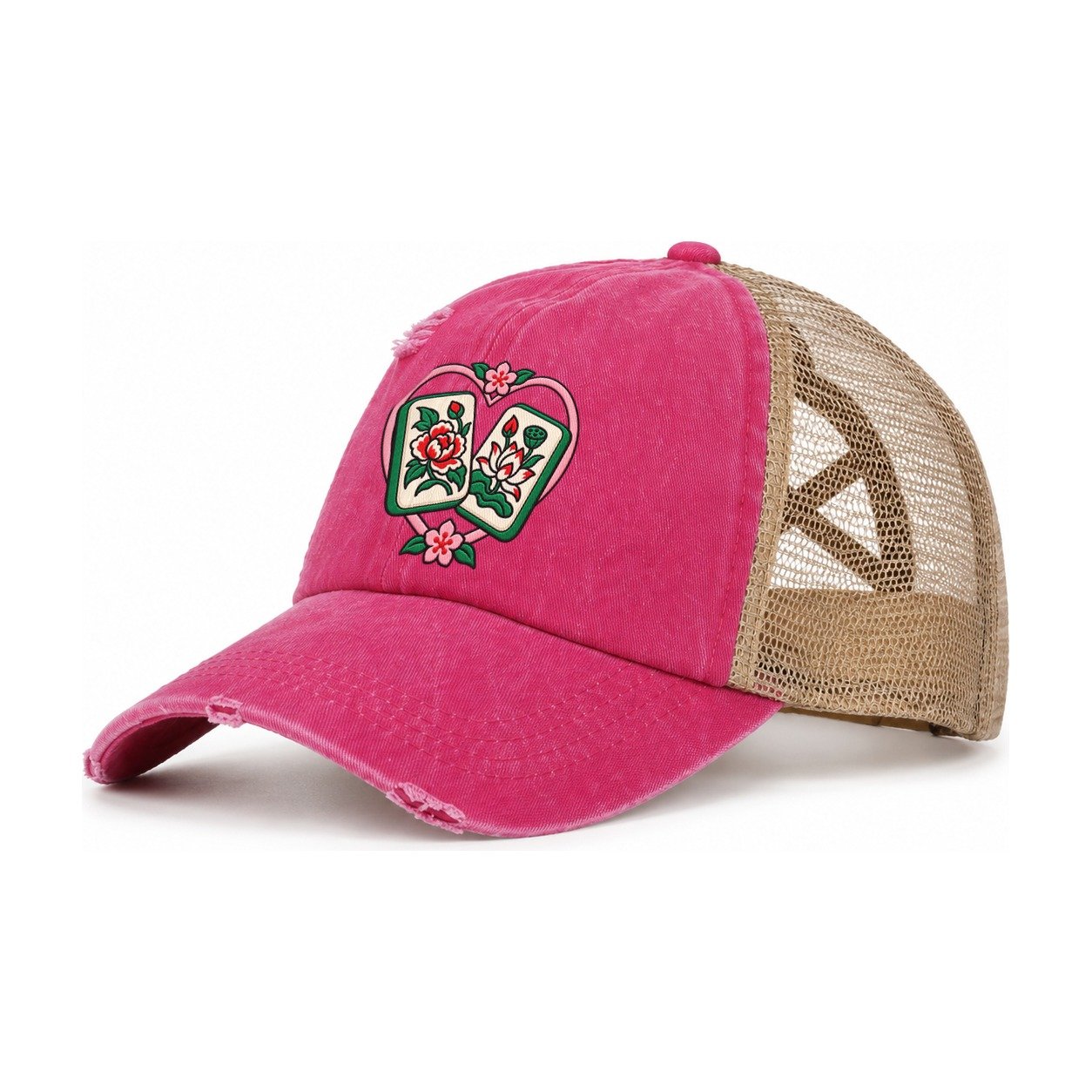 Lucky Pair Mahjong Game Night Women's Ponytail Trucker Hat – Raspberry Khaki