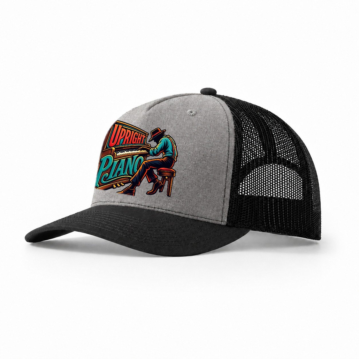 Upright Piano Wordmark Music Instruments Trucker Hat – Grey Black