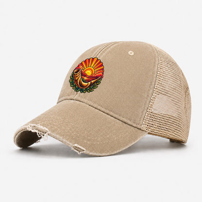 Shofar Sunrise Judaism Heritage Washed Trucker Hat – Khaki