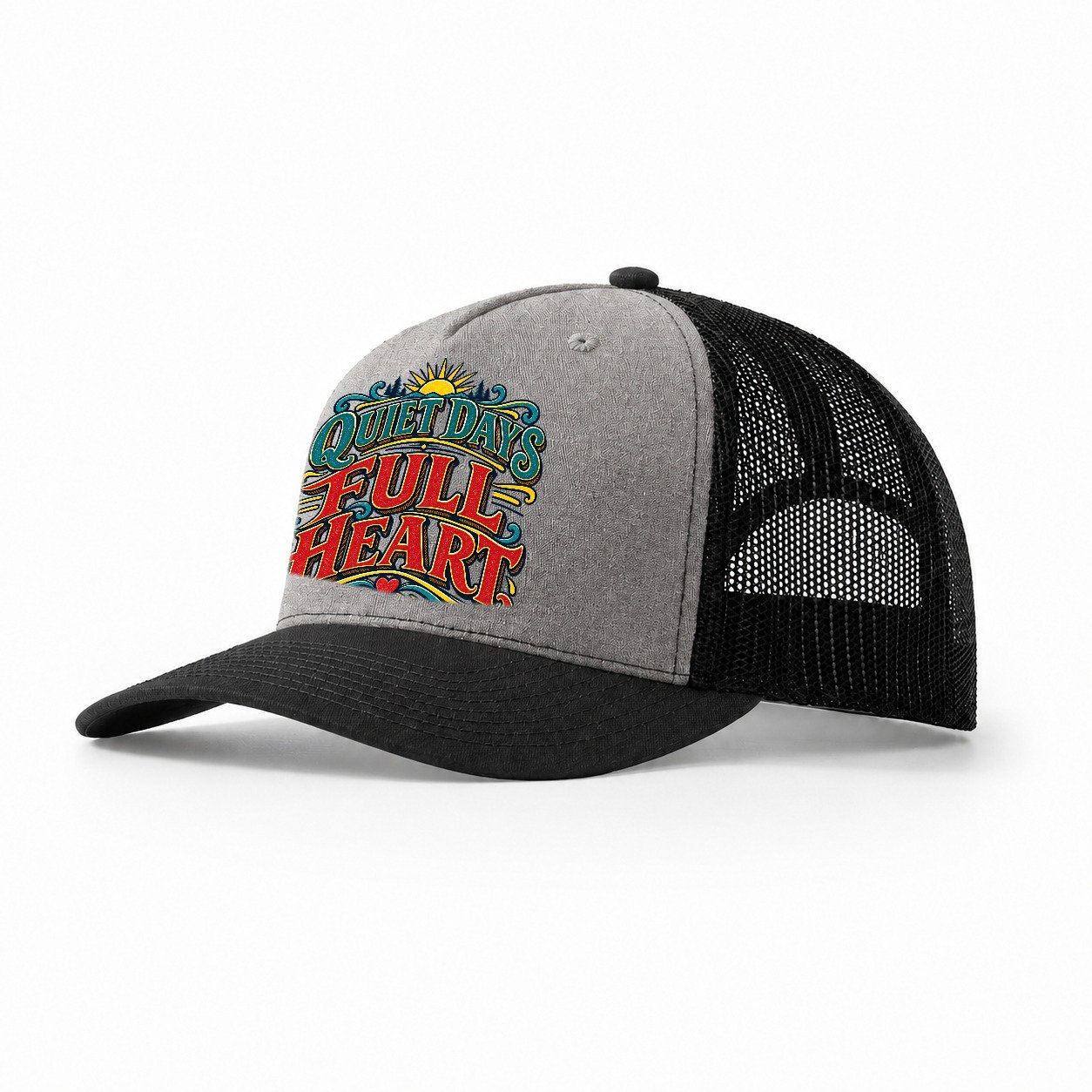 Quiet Days Full Heart Retired Living Trucker Hat – Grey Black