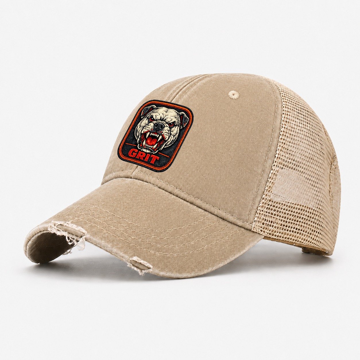 Bulldog Grit Badge Washed Trucker Hat – Khaki