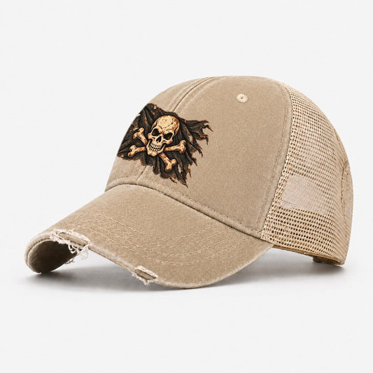 Skull And Crossbones Worn Icon Washed Trucker Hat – Khaki