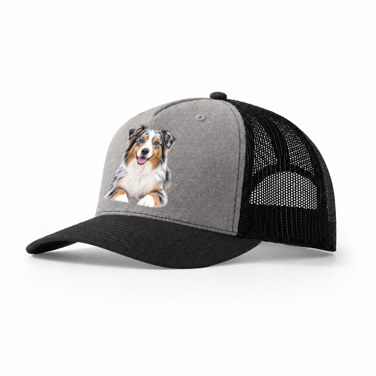 Australian Shepherd Sitting Top Breeds Trucker Hat – Grey Black