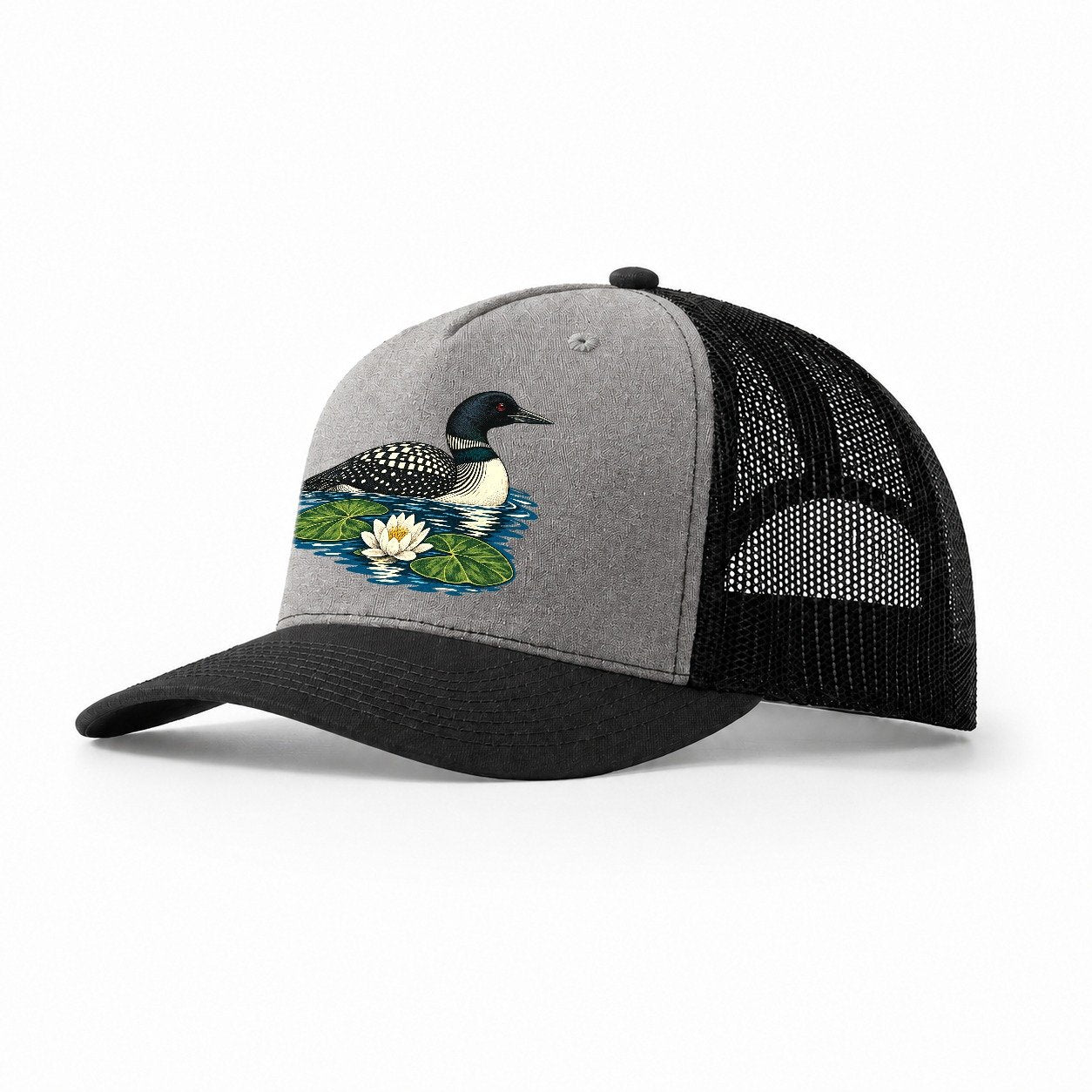 Common Loon And Water Lilies Canada Cultural Icons Trucker Hat – Grey Black
