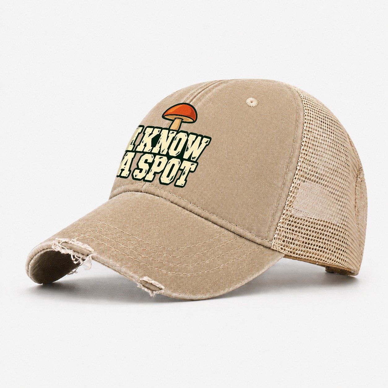 I Know A Spot Foraging And Mycology Washed Trucker Hat – Khaki